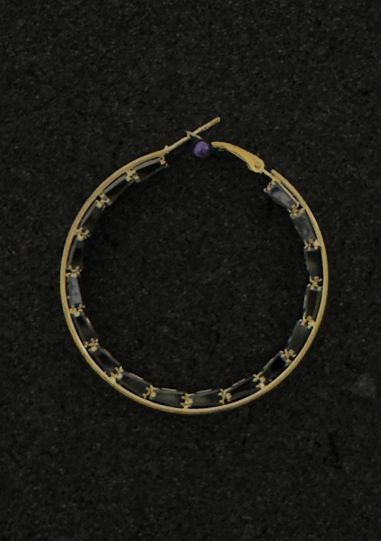 Dark Charcoal Baguette Gem Gold Hoop Earrings | Purple Pearl Top