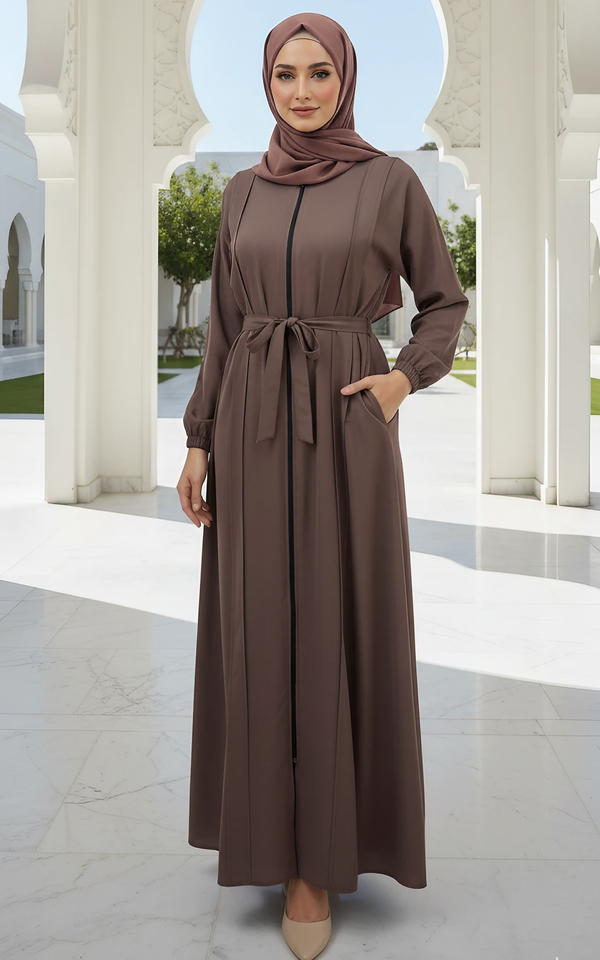 Stylish Front-Open Abaya with Full Zipper, Belt & Matching Hijab