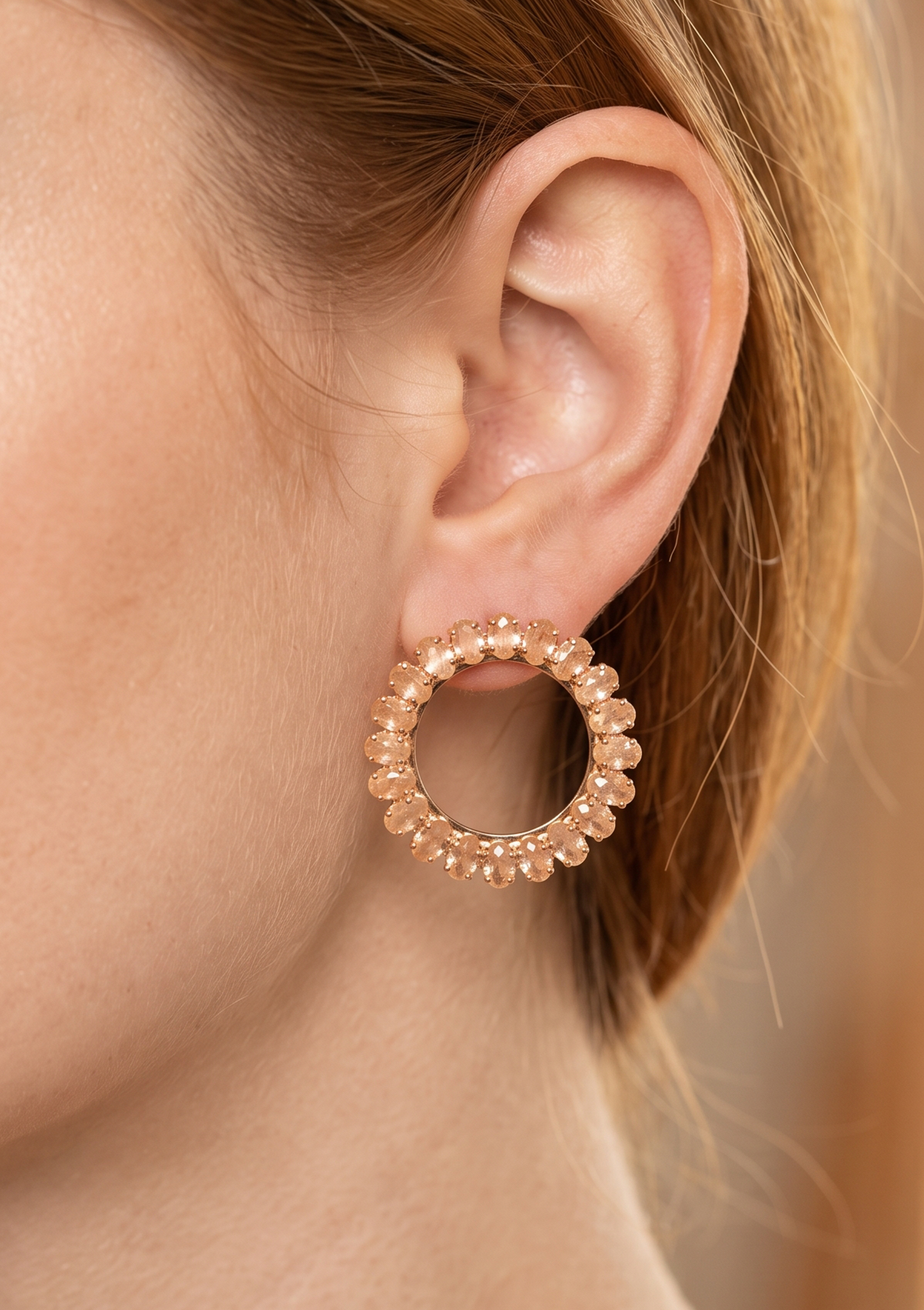 Peach Opaline Gem Sunburst Hoop Earrings