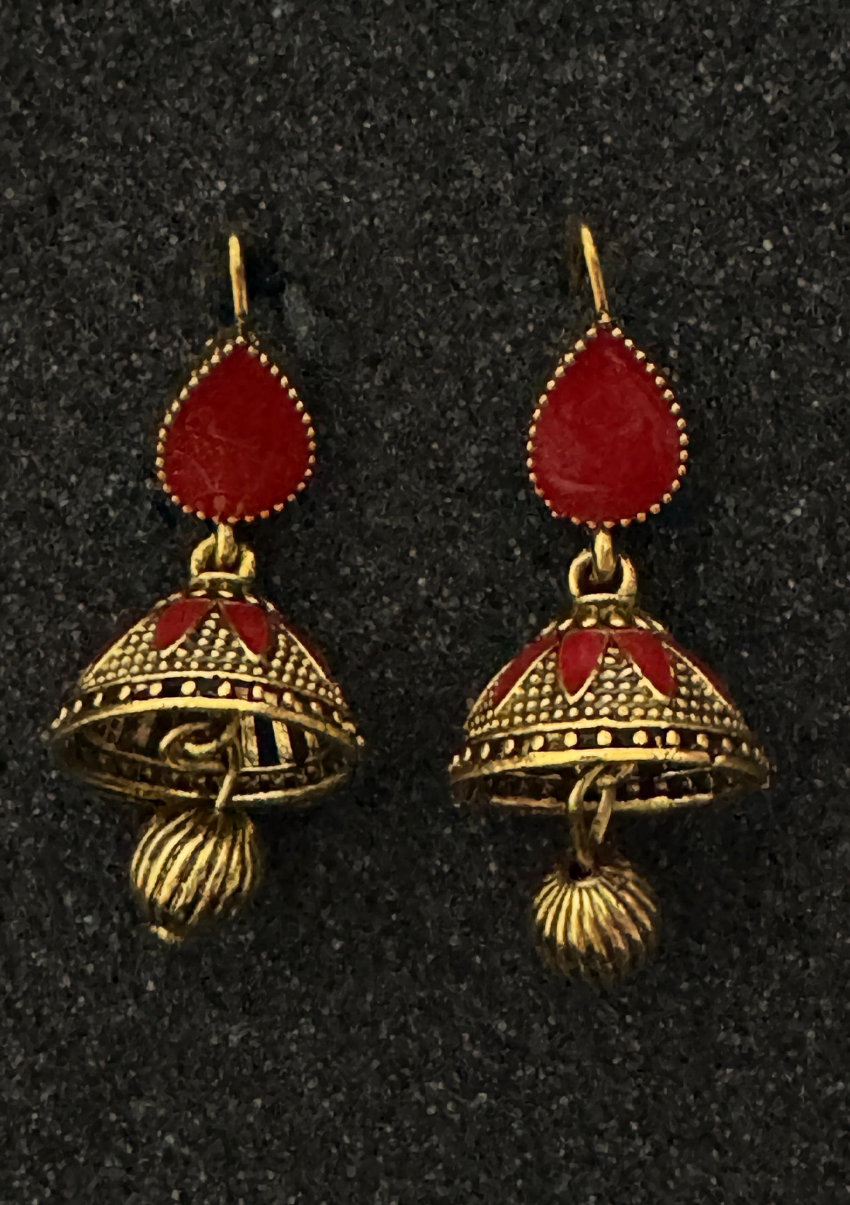 Crimson Red Meenakari Jhumka Earrings | Antique Gold Ethnic Drop Earrings