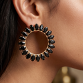 Onyx Black Gem Sunburst Circle Earrings | Gold Open Hoop