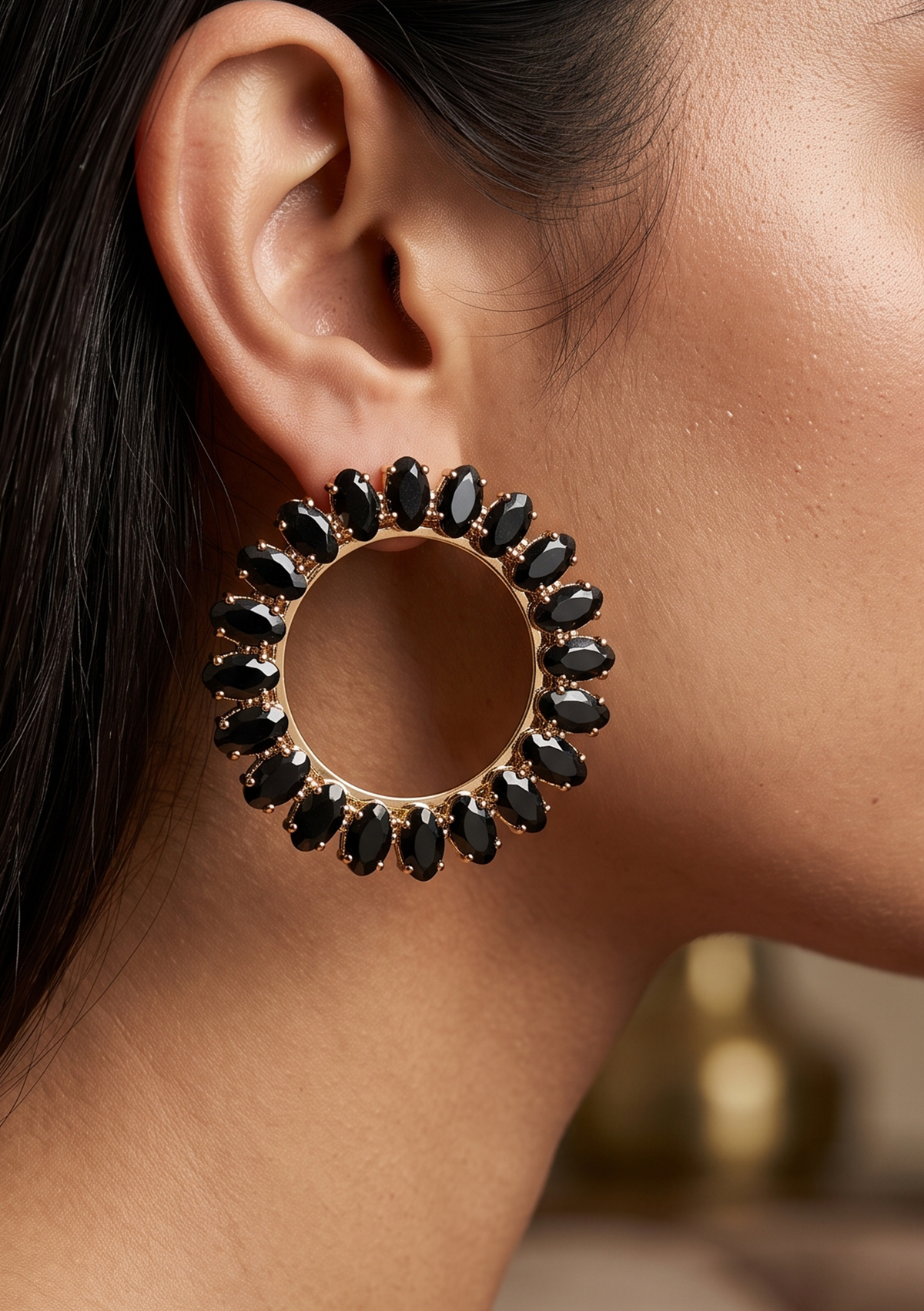 Onyx Black Gem Sunburst Circle Earrings | Gold Open Hoop