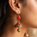 Crimson Red Meenakari Jhumka Earrings | Antique Gold Ethnic Drop Earrings
