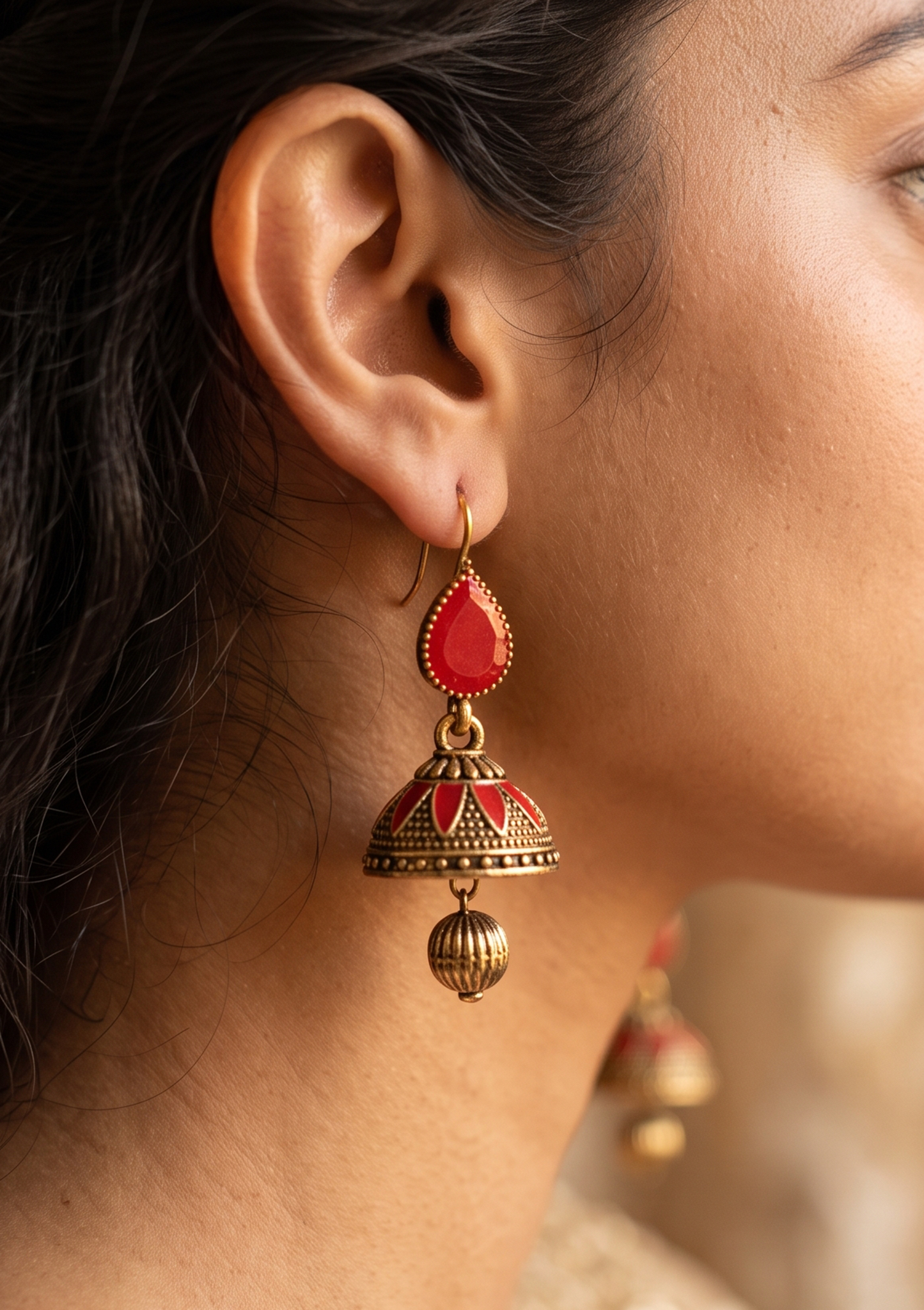 Crimson Red Meenakari Jhumka Earrings | Antique Gold Ethnic Drop Earrings