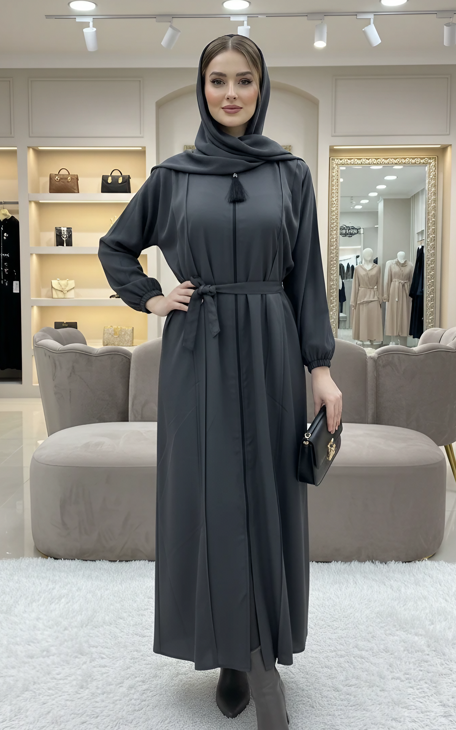 Chic Front-Open Abaya with Full Zipper, Belt & Coordinating Hijab