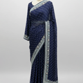 Navy Blue Hand-Embroidered Silk Saree with Full-Sleeves Blouse