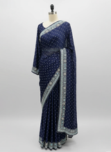 Navy Blue Hand-Embroidered Silk Saree with Full-Sleeves Blouse
