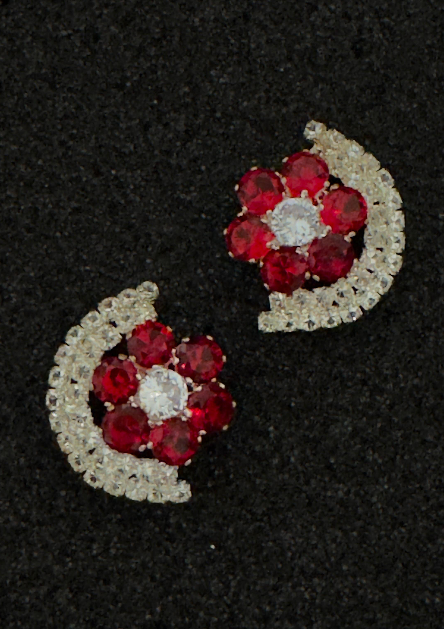 Ruby Red Crystal Flower Crescent Stud Earrings | Silver Pave Statement Studs