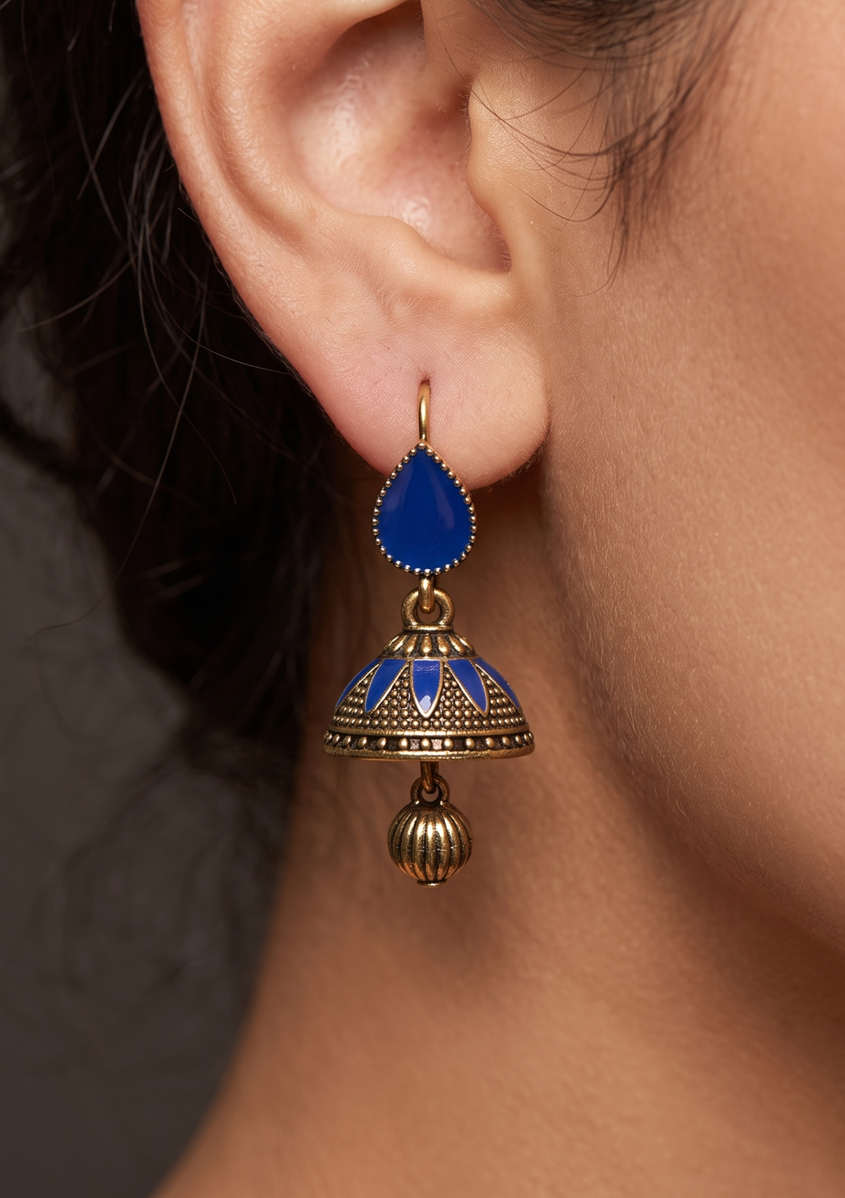 Royal Blue Meenakari Jhumka Earrings | Antique Gold Traditional Drop Earrings