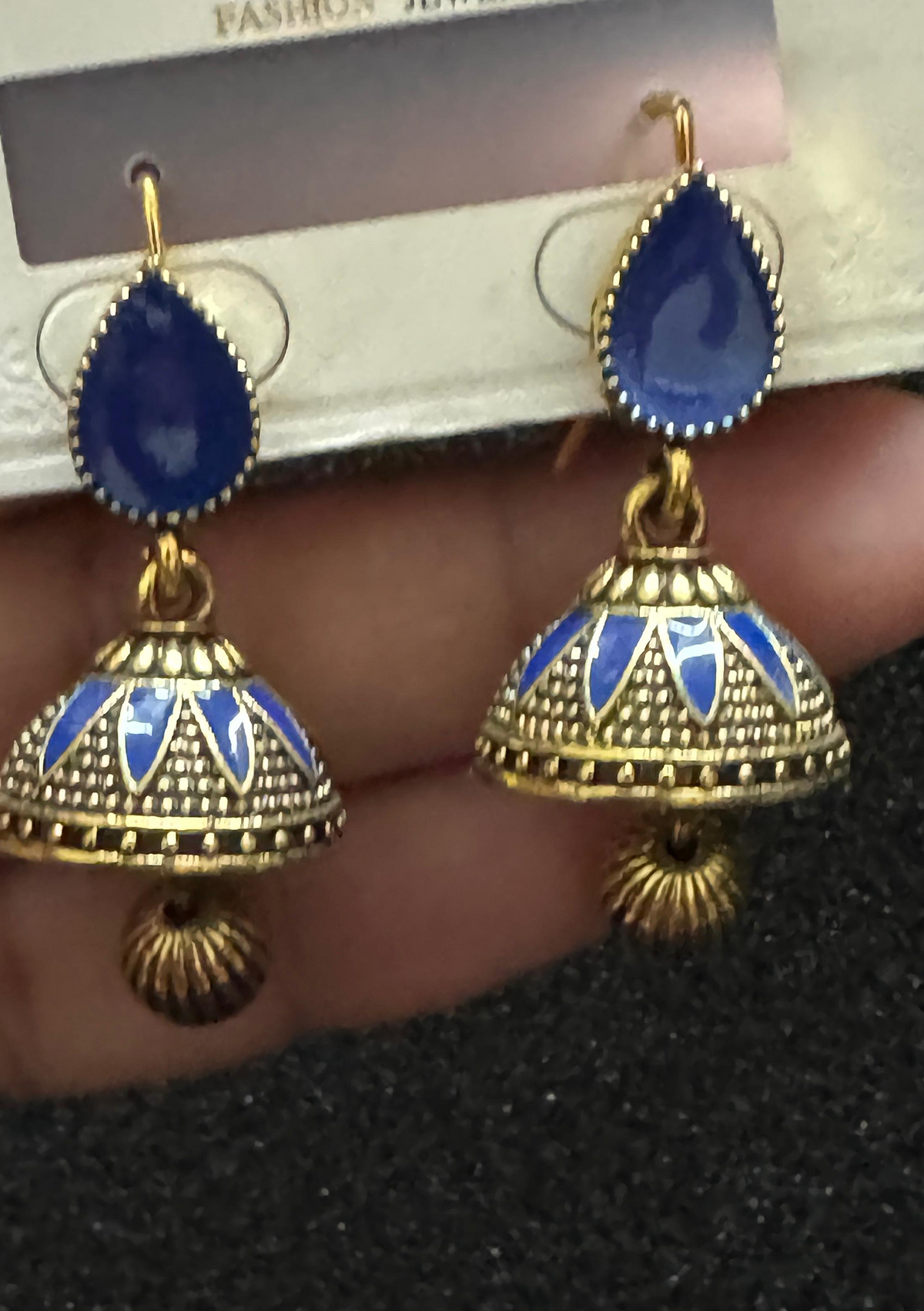 Royal Blue Meenakari Jhumka Earrings | Antique Gold Traditional Drop Earrings
