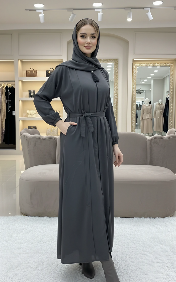 Chic Front-Open Abaya with Full Zipper, Belt & Coordinating Hijab