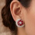 Ruby Red Crystal Flower Crescent Stud Earrings | Silver Pave Statement Studs