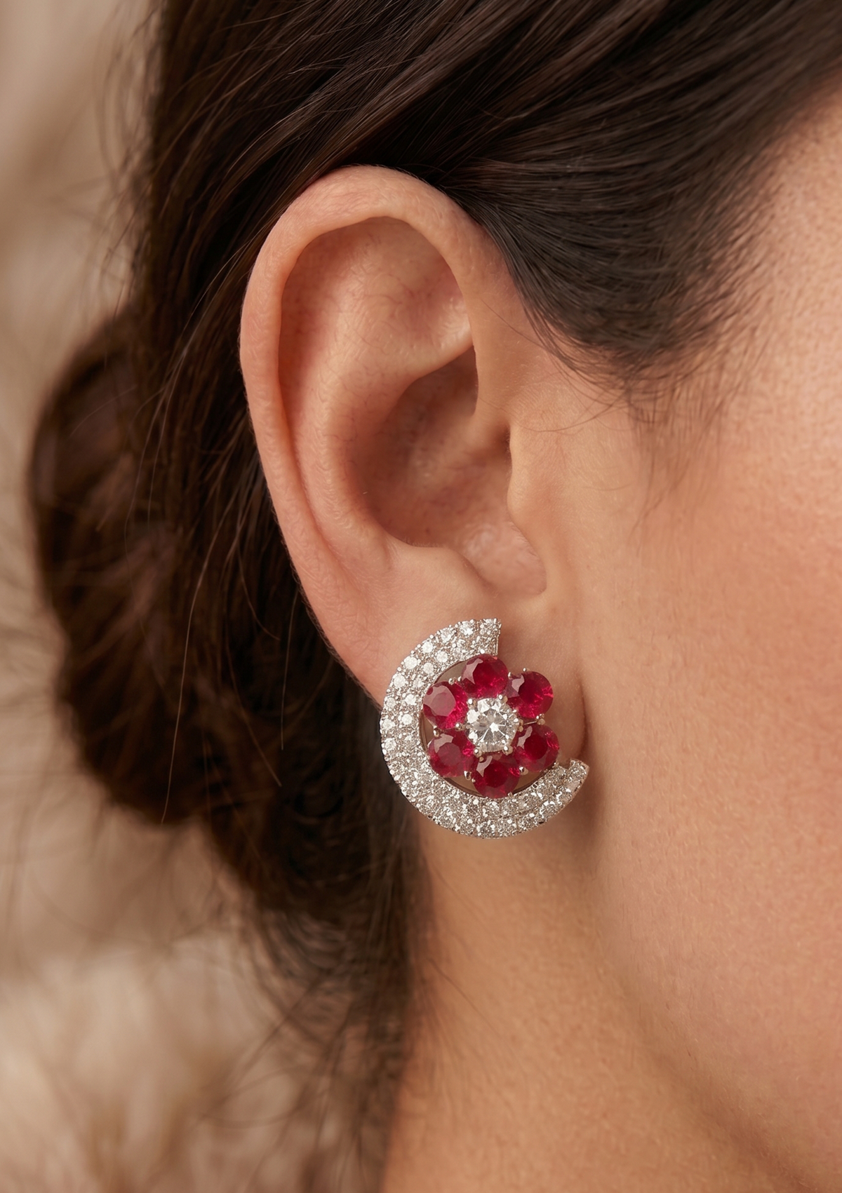 Ruby Red Crystal Flower Crescent Stud Earrings | Silver Pave Statement Studs