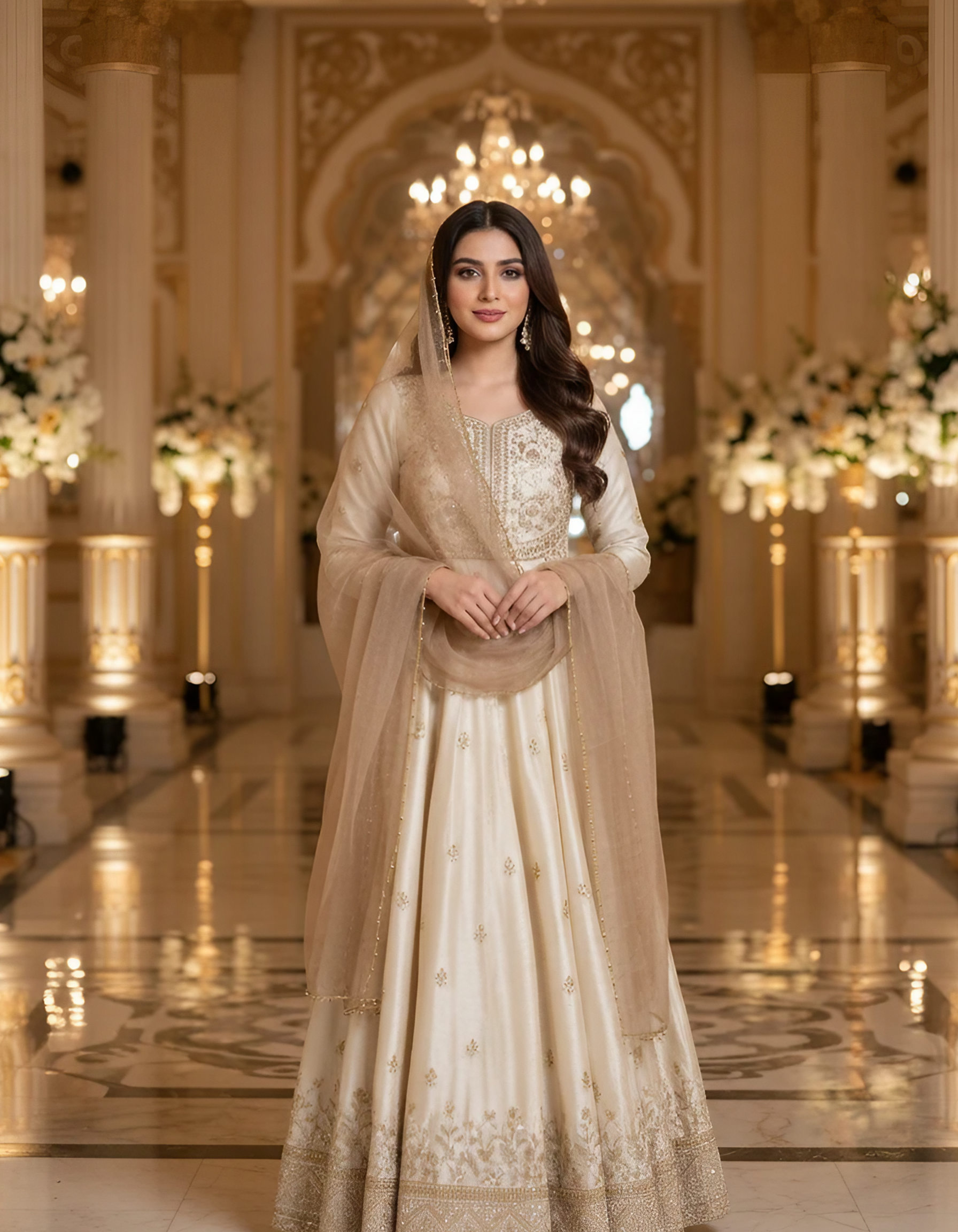 Beige Golden Net Dupatta with 4-Side Beads Work – Bridal Veil