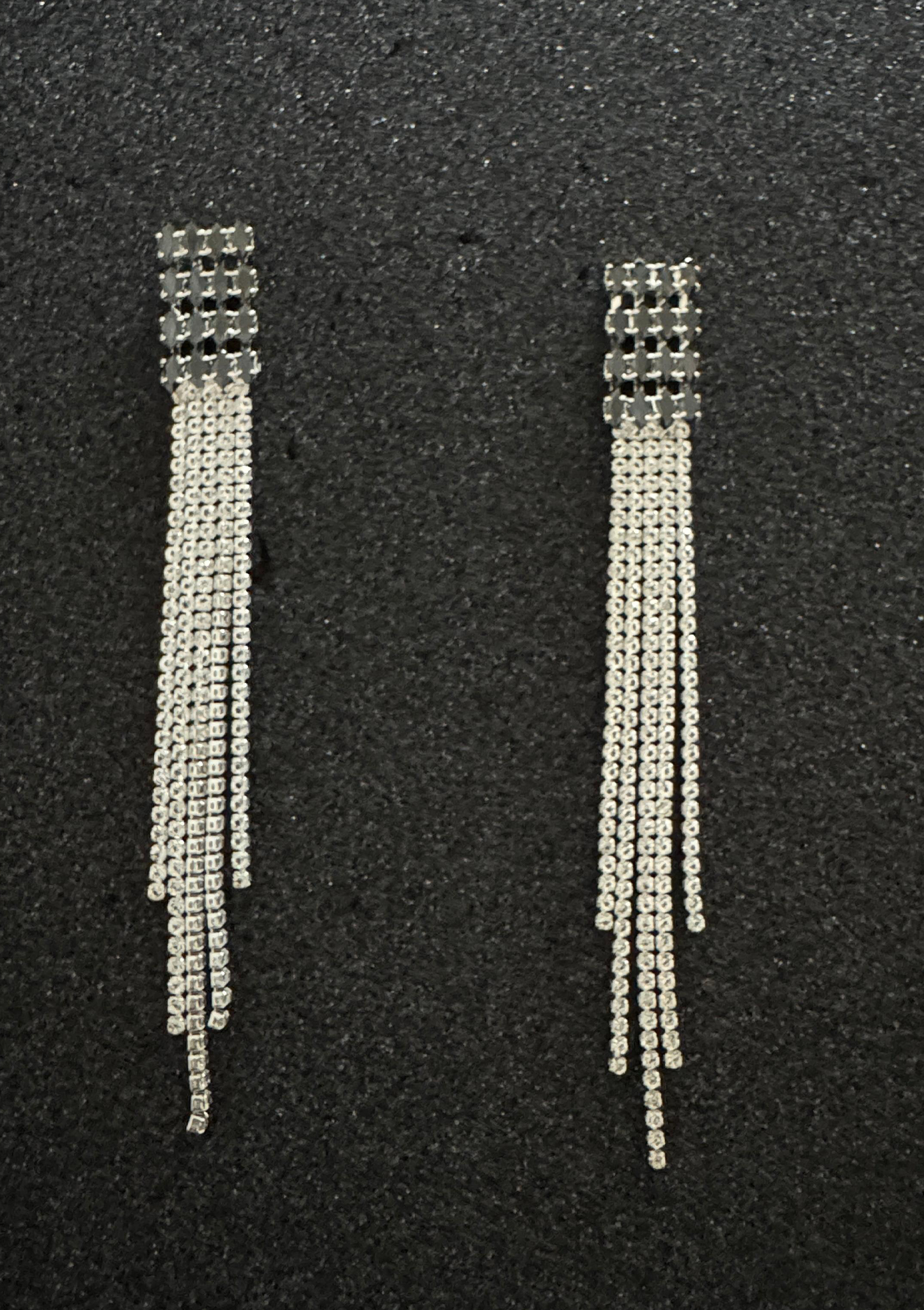 Black Crystal Grid Rhinestone Fringe Earrings | Silver Tassel Drop Jewelry