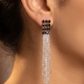 Black Crystal Grid Rhinestone Fringe Earrings | Silver Tassel Drop Jewelry