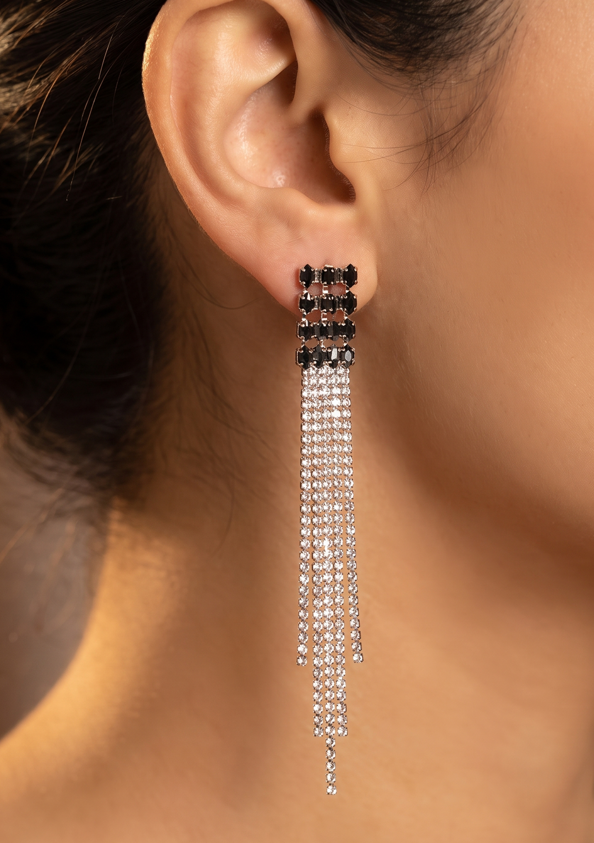 Black Crystal Grid Rhinestone Fringe Earrings | Silver Tassel Drop Jewelry