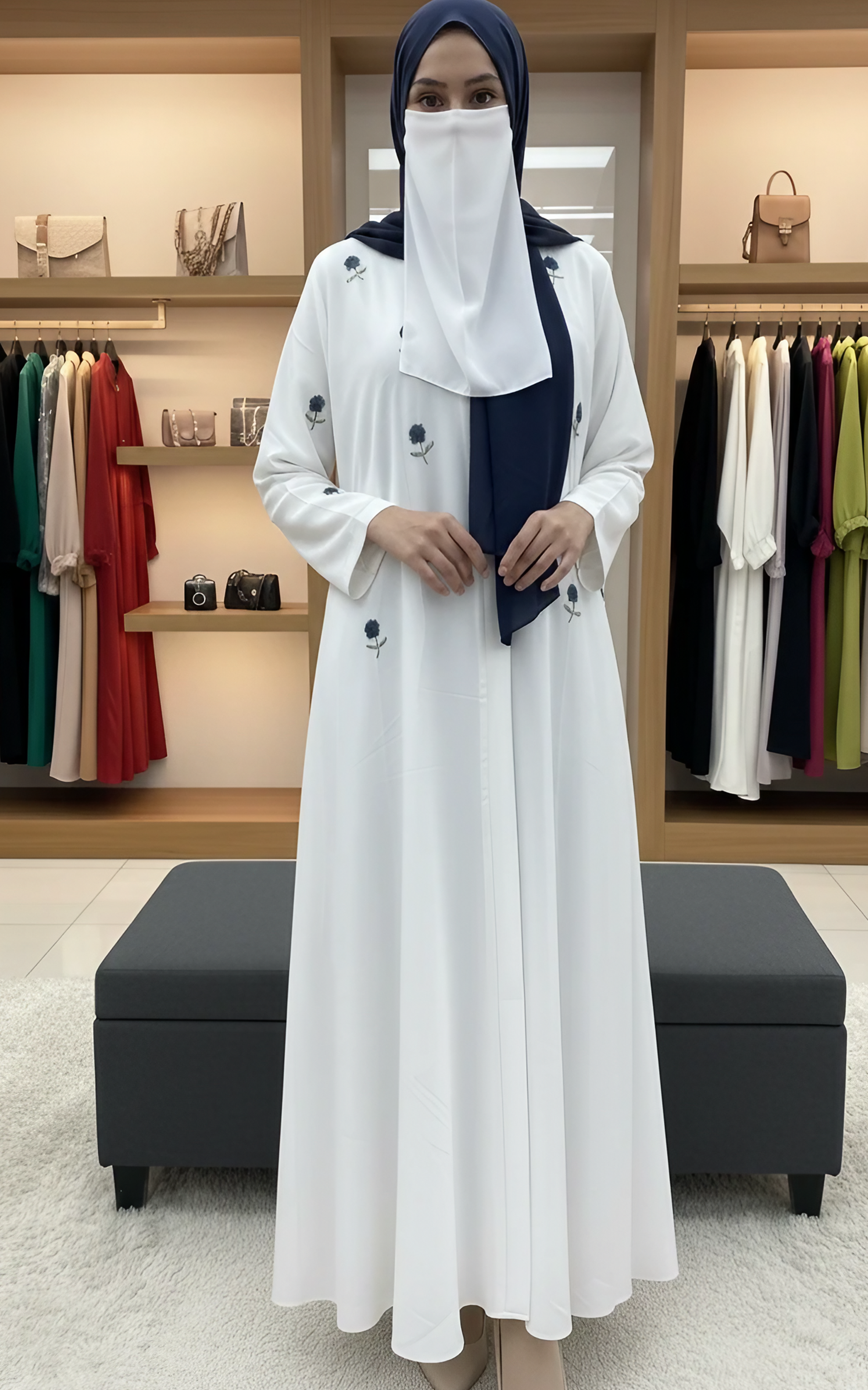 3-Piece Embroidered Front Open Chiffon Abaya in Light Brown | Matching Hijab & White Niqab