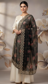 Black Organza Dupatta with Printed & Embroidered Border – Elegant & Sheer