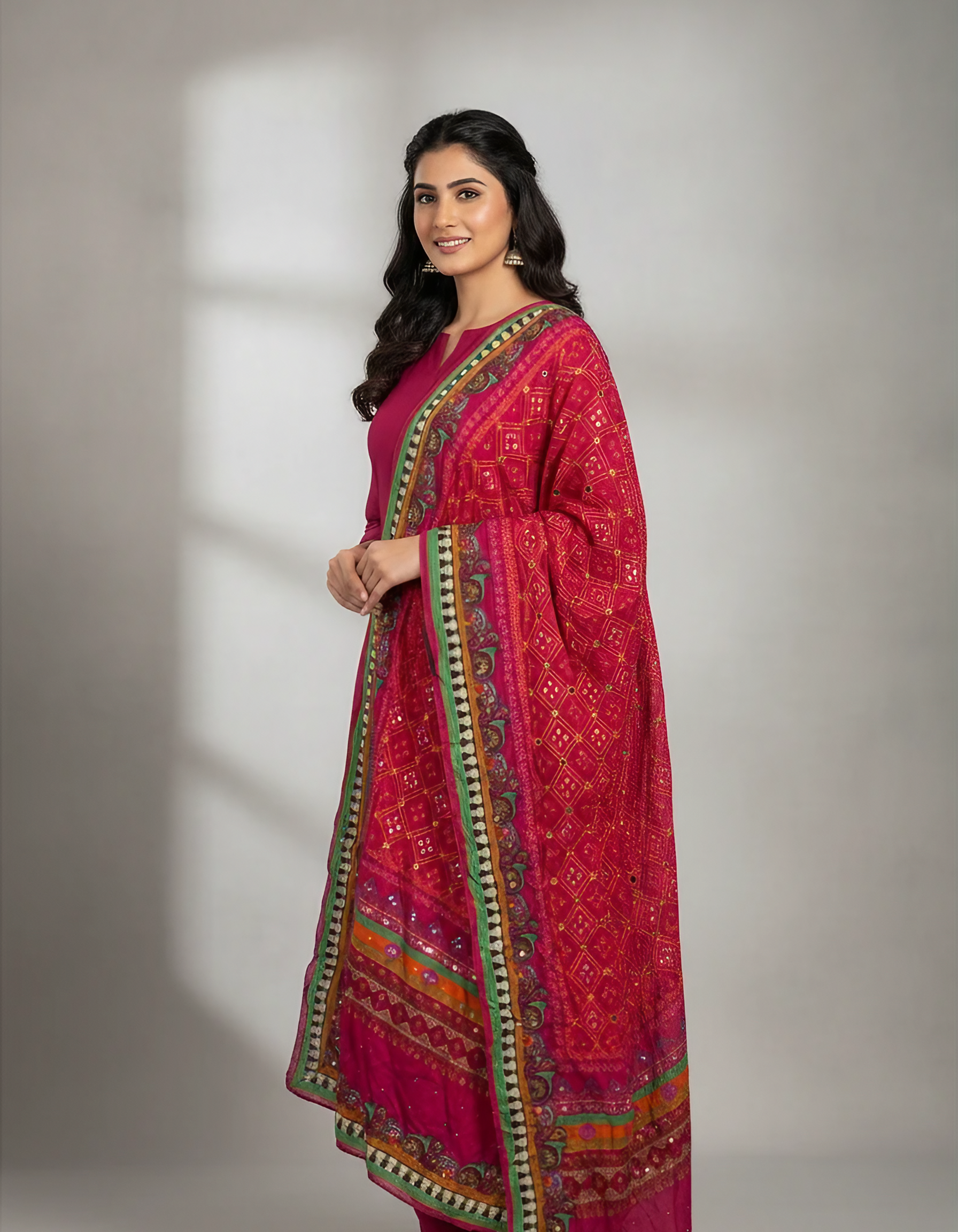 Voile Silk Dupatta with Full Mirror & Bead Work – Festive & Elegant