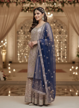 Formal 3-Piece Silk & Net Embroidered Gharara Outfit