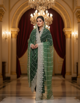 Emerald Green Net Dupatta with White Thread Embroidery & Scalloped Lace Border