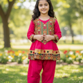 Girls Shocking Pink 3 Piece Afghani Dress – Chiffon Embroidered Suit with Net Dupatta