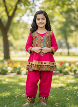 Girls Shocking Pink 3 Piece Afghani Dress – Chiffon Embroidered Suit with Net Dupatta