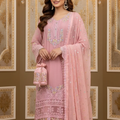 4 Pcs Pink Formal Chiffon Embroidered Suit with Potli Bag