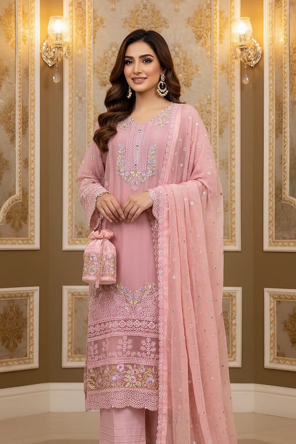 4 Pcs Pink Formal Chiffon Embroidered Suit with Potli Bag