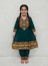 3 Piece Girls Party Wear Afghani Suit – Chiffon Embroidery with Tassels