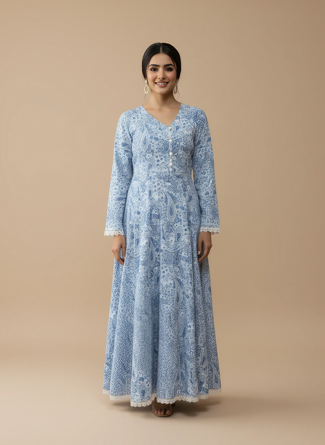 Elegant Blue & White Paisley Linen Maxi Dress