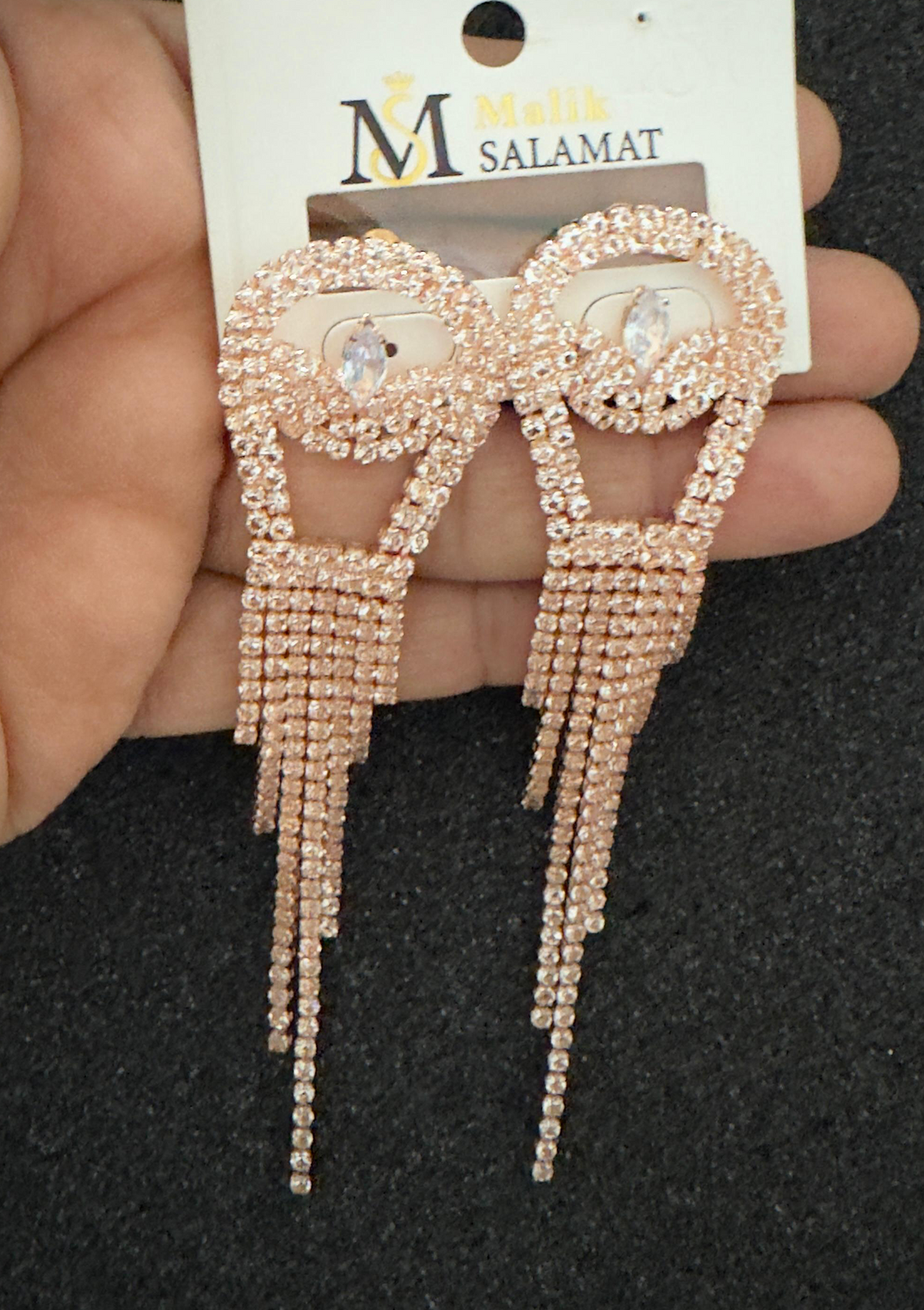 Oval Keyhole Rhinestone Tassel Drop Earrings