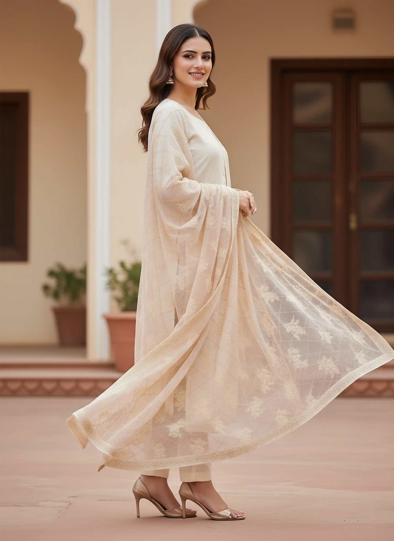 Voile Silk Dupatta with Full Embroidery & Four-Sided Border – Elegant & Festive