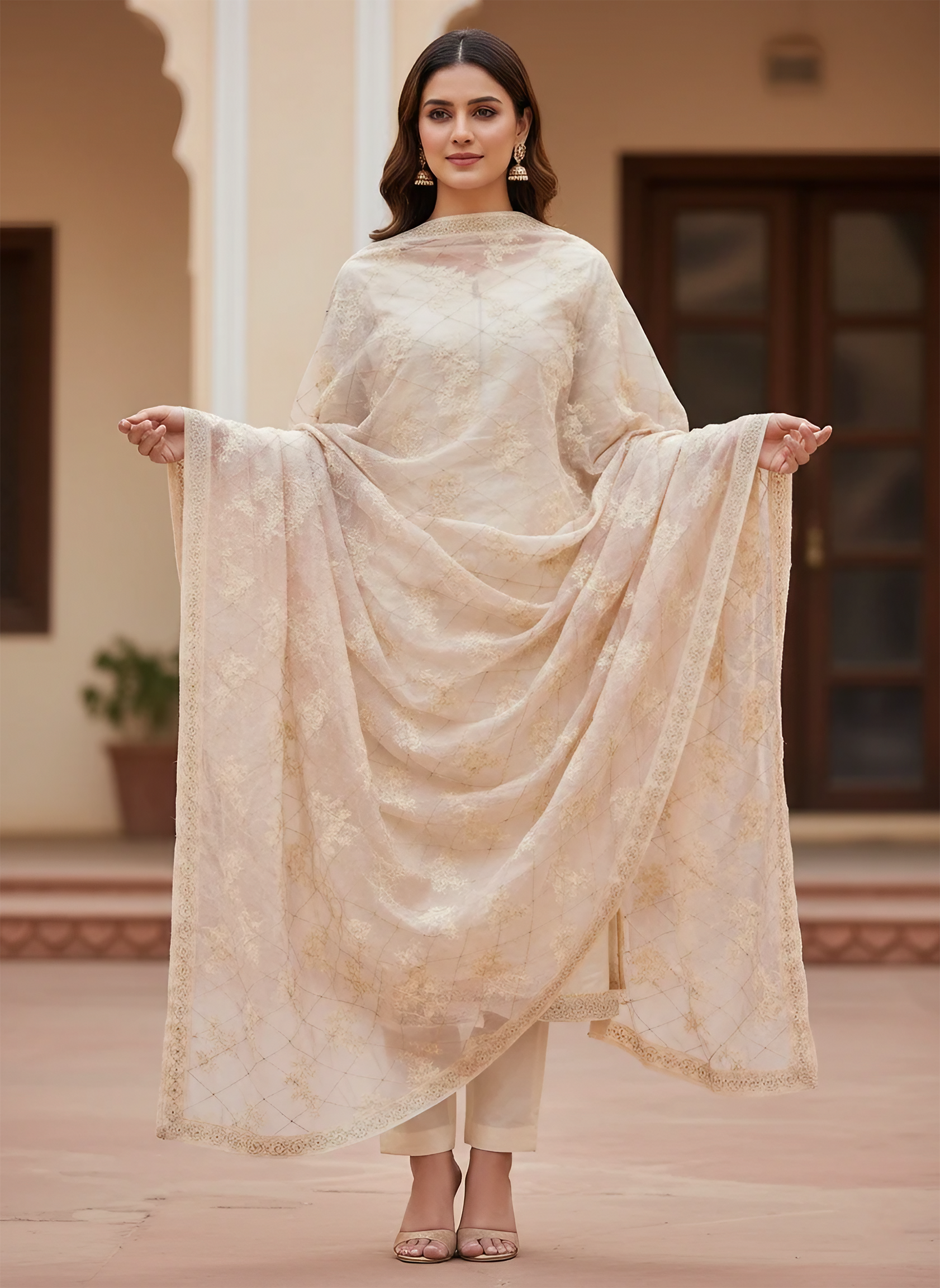Voile Silk Dupatta with Full Embroidery & Four-Sided Border – Elegant & Festive