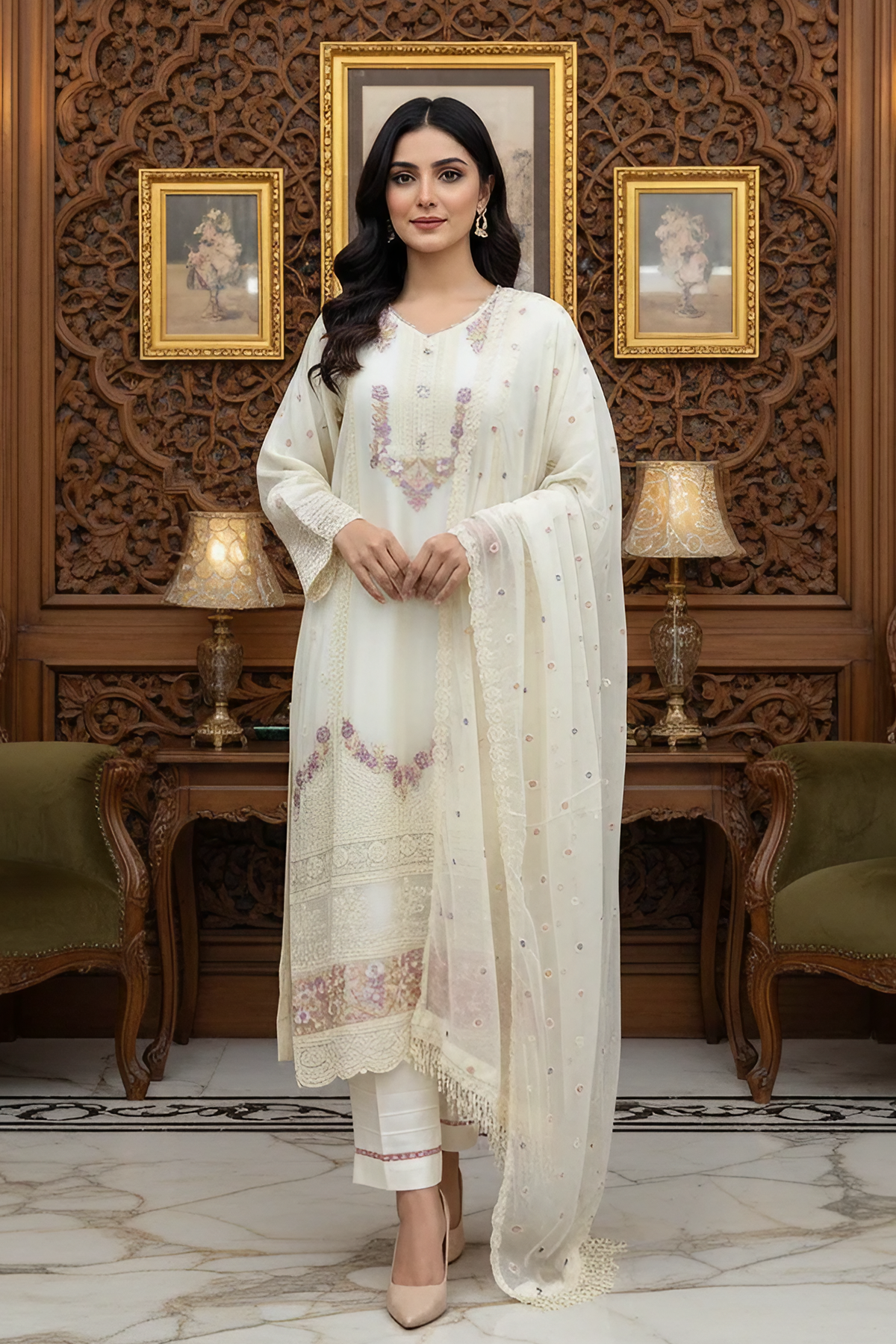 4 Pcs Formal Chiffon Embroidered Suit with Potli Bag