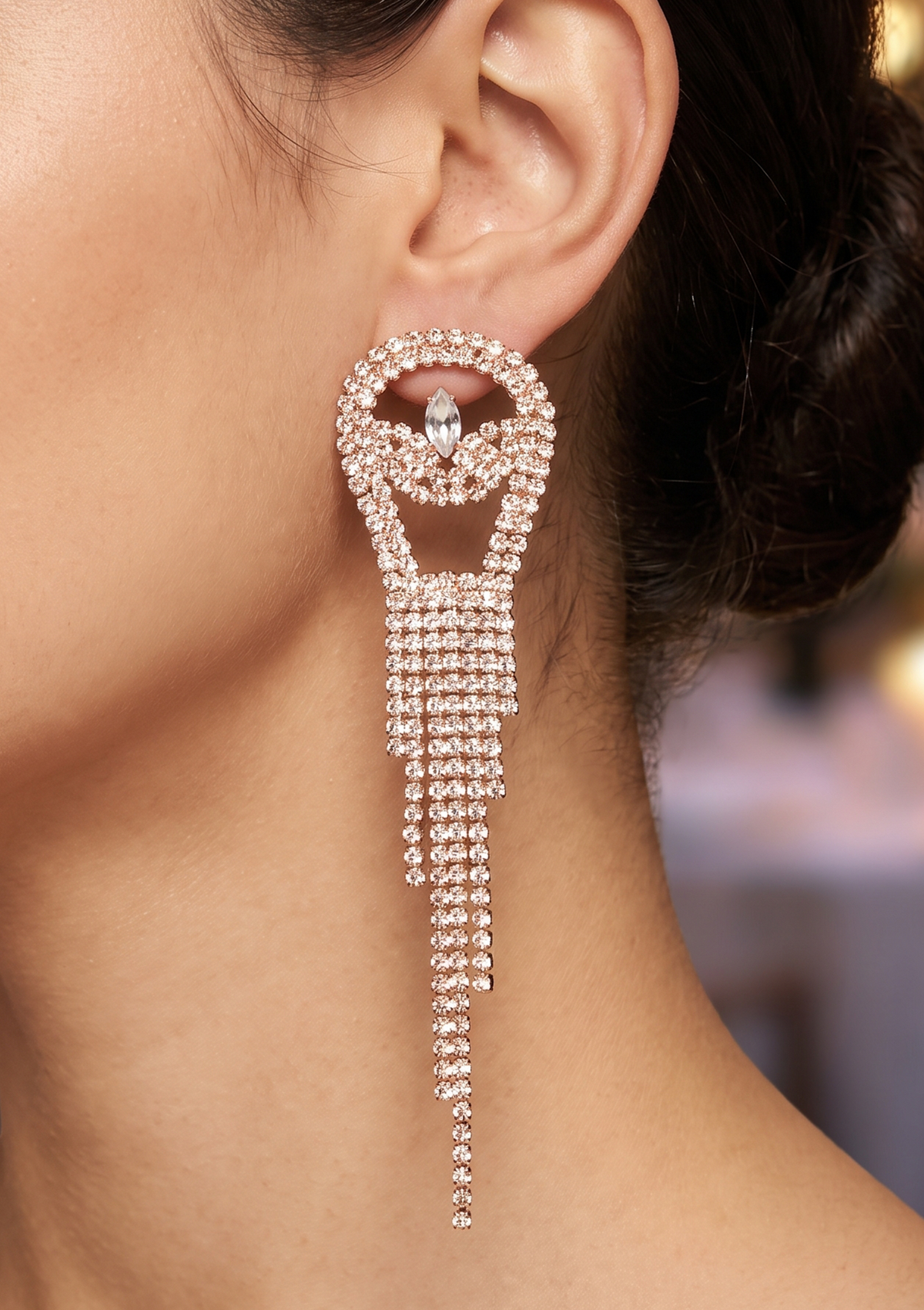 Oval Keyhole Rhinestone Tassel Drop Earrings
