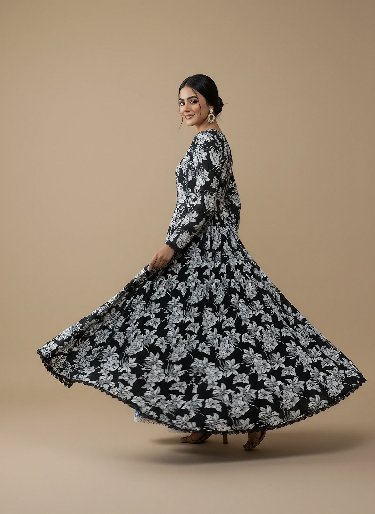 Black & White Floral Linen Maxi Dress