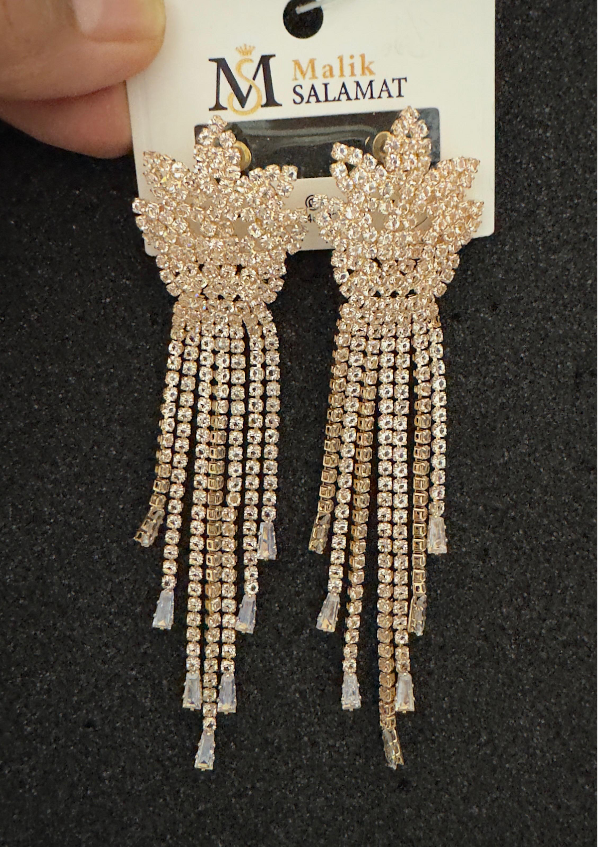Gold Crest Rhinestone Fringe Drop Earrings