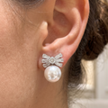 Cubic Zirconia Bow Pearl Earrings | Silver Baguette CZ & Pearl Drop Studs