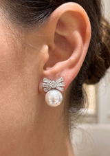 Cubic Zirconia Bow Pearl Earrings | Silver Baguette CZ & Pearl Drop Studs