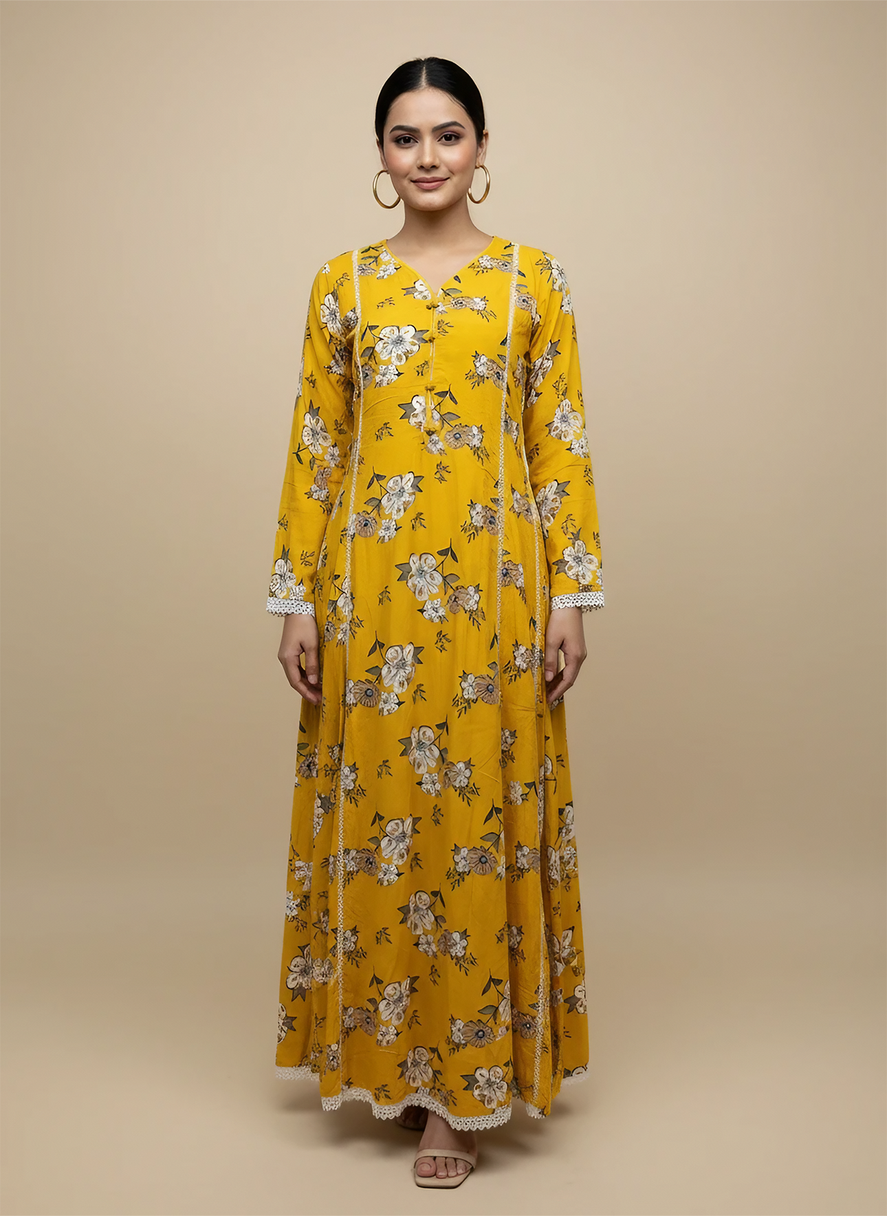 Yellow Floral Linen Maxi Dress