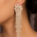 Gold Crest Rhinestone Fringe Drop Earrings
