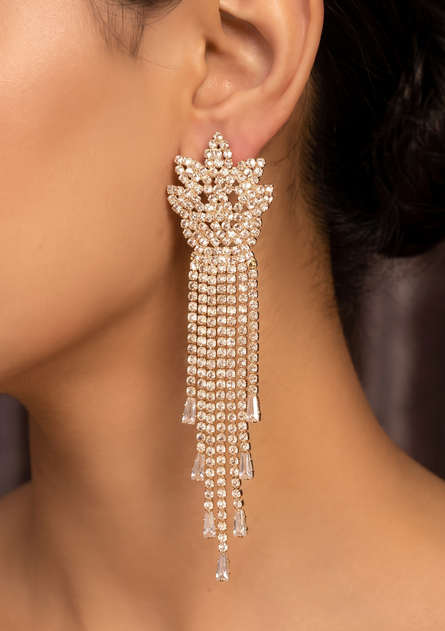 Gold Crest Rhinestone Fringe Drop Earrings