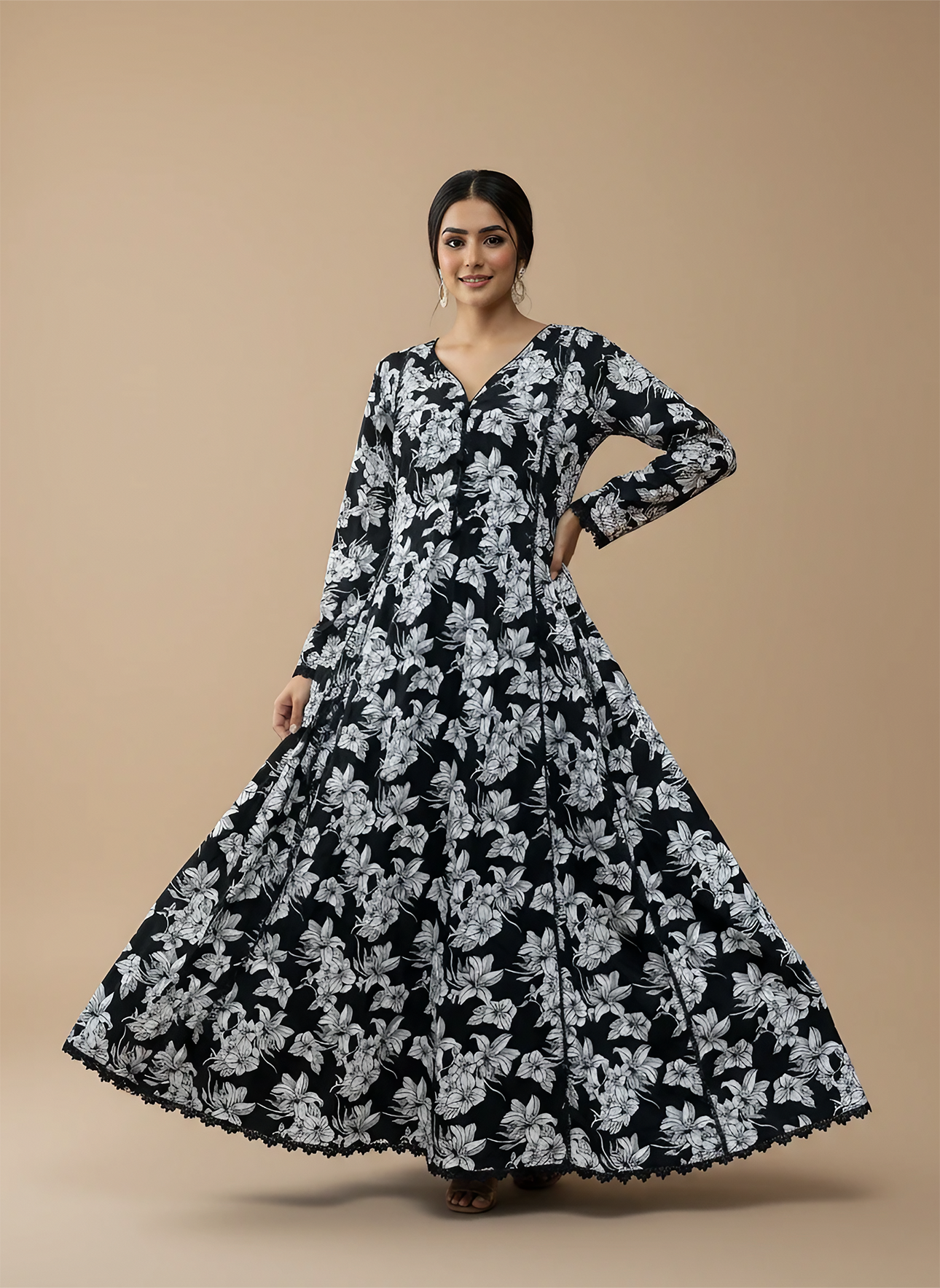 Black & White Floral Linen Maxi Dress