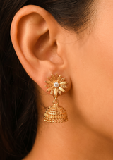 Gold Sunflower Stud Filigree Jhumka Earrings | Zircon Center Ethnic Drop Jewelry