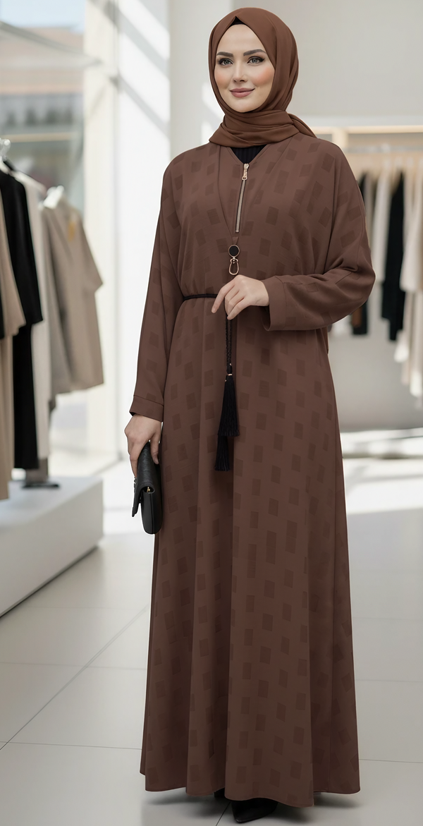 Stylish Self-Print Sheefon Abaya with Belt & Matching Scarf
