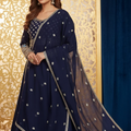 Navy Blue Chiffon Dupatta with Light Blue Thread & Golden Zari Work – Elegant & Festive