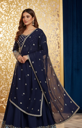 Navy Blue Chiffon Dupatta with Light Blue Thread & Golden Zari Work – Elegant & Festive