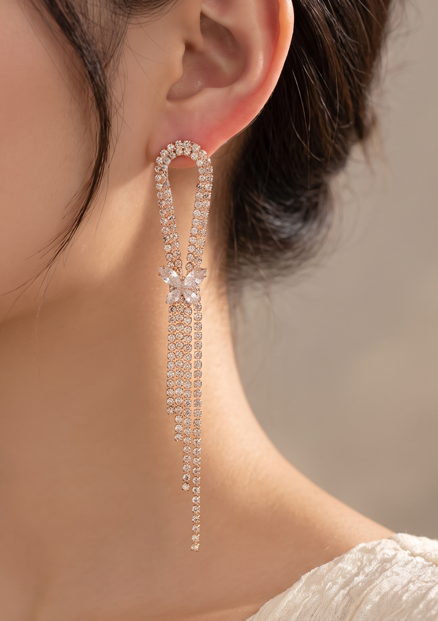 Rose Gold Butterfly Loop Rhinestone Tassel Earrings